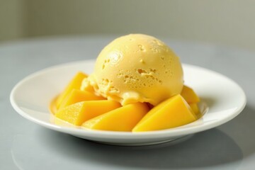 Scoop of creamy mango ice cream on a white plate , ice cream, creamy