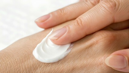 Close-up of a fingertip applying moisturizing cream on the back of a hand, illustrating skincare, hydration, softness, and self-care in everyday beauty routines