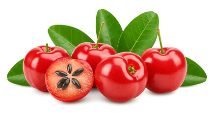 Vibrant acerola cherries halved with leaves