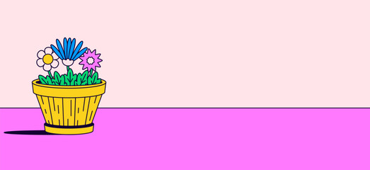 Flower pot with vibrant flowers and green leaves on a bright pink surface vector hand drawn illustration background for summer festival banner