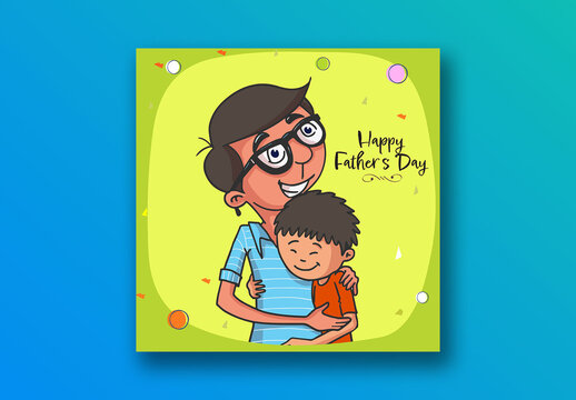 Happy Father's Day Social Media Post with Illustration of Cartoon Boy Hugging His Father, Editable Design.