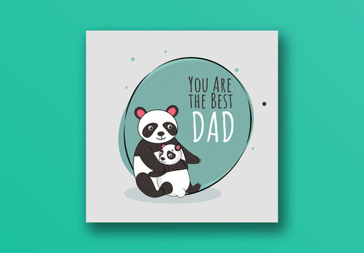 Happy Father's Day Social Media Post with Illustration of Cartoon Panda Bear Hugging His Baby, Editable Design.