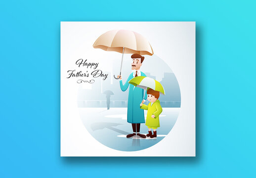 Happy Father's Day Social Media Post with Illustration of Father and Son Under Umbrella During Rainy Day, Editable Design.