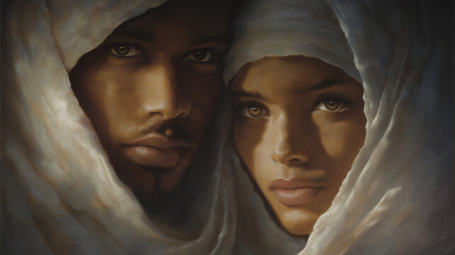 Portrait of Sudanese man and woman in flowing white robes