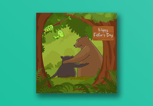 Happy Father&rsquo;s Day Editable Social Media Post with Illustration of Cartoon Bear Hugging His Baby in Greenery Forest.