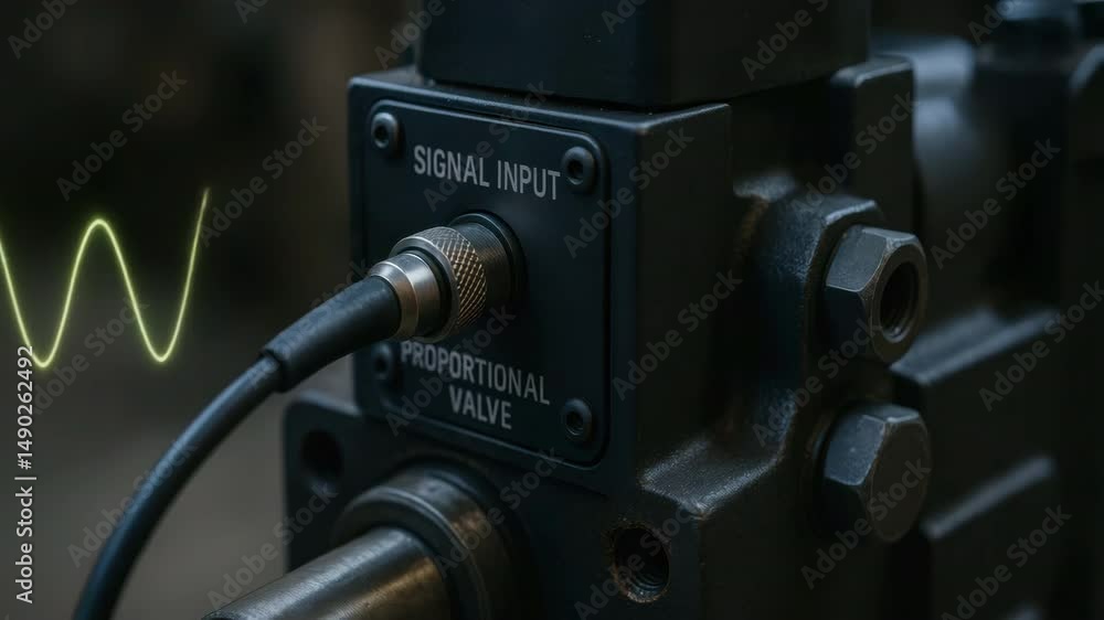Poster close up of hydraulic mechanism with proportional valve and signal input cable delivering precise co