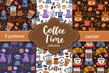 Warm hand-drawn coffee vector patterns in rich colors with cups, coffee makers, beans, leaves and desserts. Perfect for cafés, packaging, textiles and morning vibes