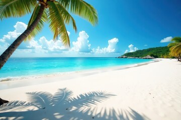 Serene beachscape with white sand and turquoise water stretching towards a distant coastline, beach, golden sand