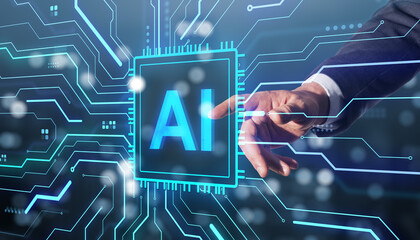 Business person interacts with glowing AI chip interface representing artificial intelligence and machine learning technology concept.