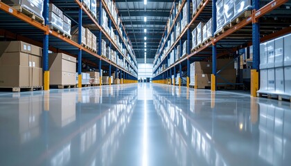 Fototapeta premium High Tech Shipping Depot with Shelving Units and Reflective Floor
