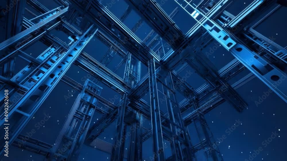 Poster intricate framework of abstract steel structures glowing in a dark blue environment with floating pa