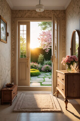 antique door with classic stair garden view vintage beige entryway old world charm in warm neutral tone and wood cabinet home Interior design