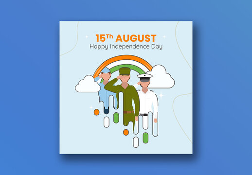 15th August, Independence Day Social Media Post with Illustration of Three Indian Army Officer in Saluting Pose Against Rainbow Background, Editable Design.