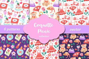 Girly coquette style picnic vector patterns with bows, fans, dresses, teddy bears, strawberries and hearts. Trendy set for packaging, decor and fashion accessories.