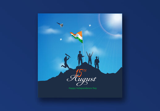 15th August, Indian Independence Day Social Media Post with Silhouette Soldier and National Flag at Sunshine Mountains, Editable Design.