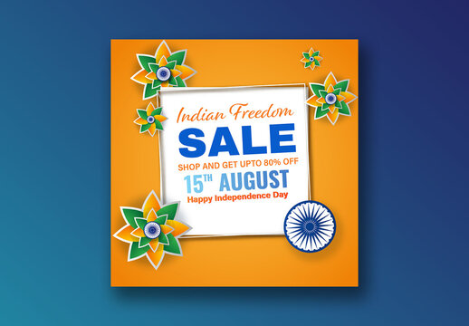 15th August, Independence Day Social Media Sale Post with Ashoka Chakra and Flower Decorative Background for Festival Advertising, Editable Design.