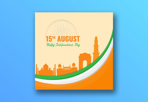 15th August, Independence Day Social Media Post with Silhouette Indian Famous Monument in National Flag Wave Background, Editable Design.
