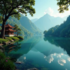 Fototapeta premium Serene lake reflecting spiritual ambiance in Indian ashram , tranquility, meditation