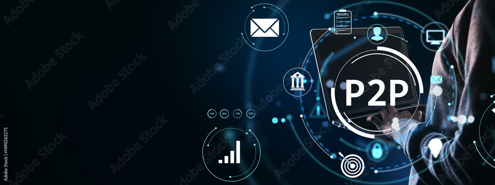 Poster p2p financial technology concept with person using laptop surrounded by digital banking and communic