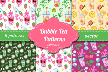 Cute and playful bubble tea vector patterns with tapioca pearls, drinks, straws, fruit and sweets. Great for packaging, fabric, stationery and Kawaii-themed designs.
