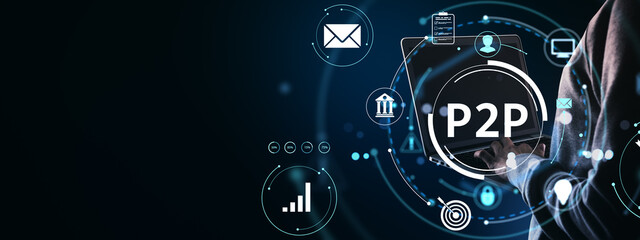 P2P financial technology concept with person using laptop surrounded by digital banking and communication icons on dark abstract background.
