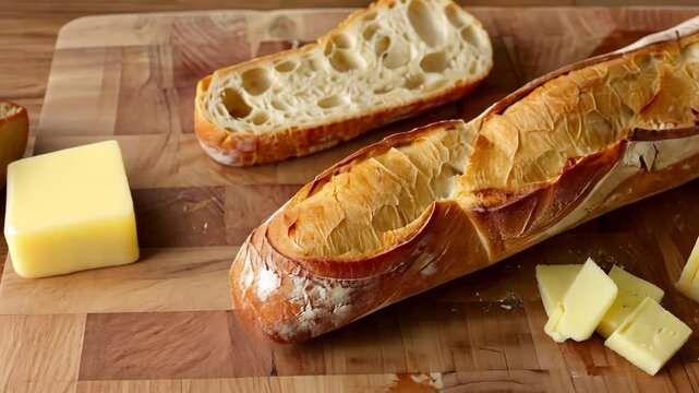 baguette served with butter and creamy French cheese