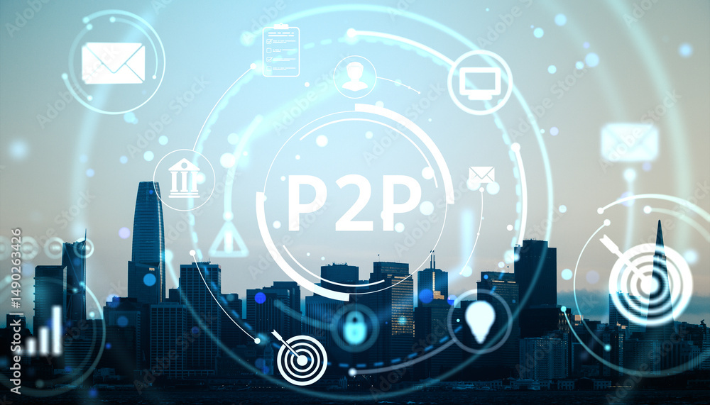 Poster P2P financial technology concept with digital icons overlay on city skyline background representing peer-to-peer lending and fintech services.