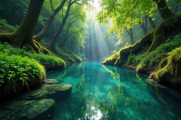 Fototapeta premium Serene pool reflects lush canopy, water's edge lined with ferns and moss, ferns, forest