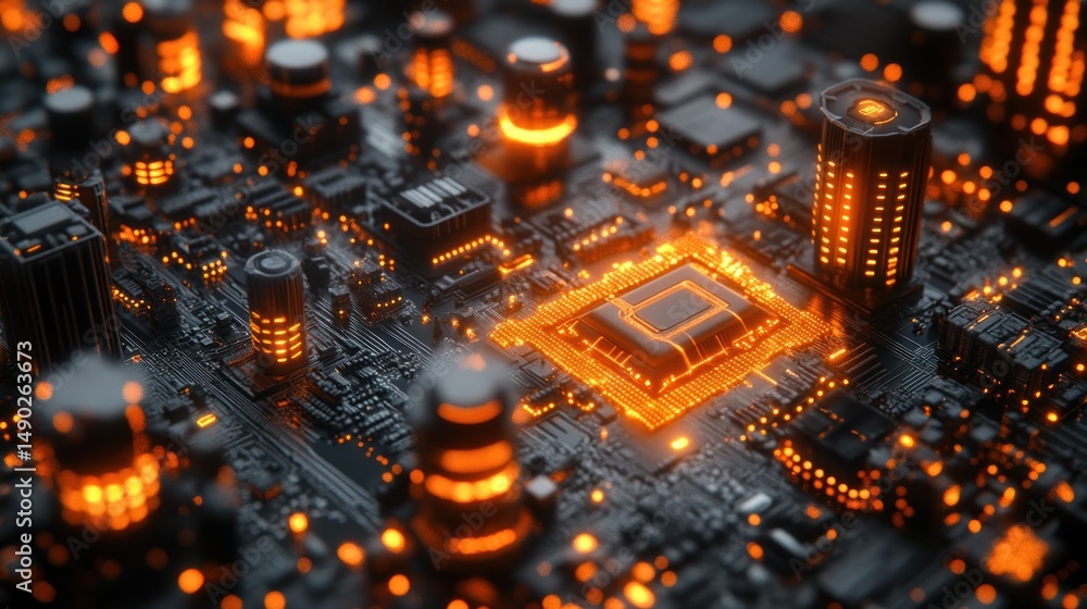 Aufkleber glowing circuit board: a futuristic depiction of a computer motherboard, showcasing intricate circui