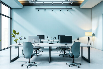 Modern shared office workspace with clean design, minimalistic furniture, and bright natural lighting in contemporary corporate building interior. 3D Rendering