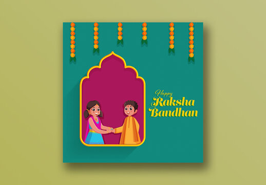 Happy Raksha Bandhan Social Media Post with Illustration of Cute Sister Rakhi Tied Her Brother View of Window, Editable Design.