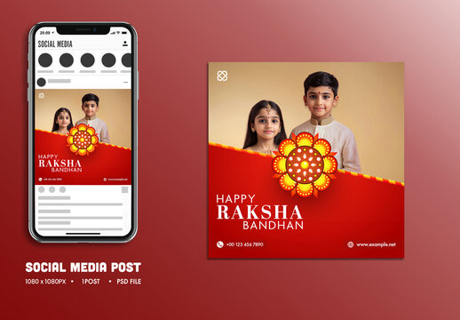 Happy Raksha Bandhan Social Media Post with Cute Sibling in Traditional Grab.