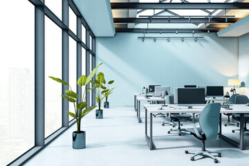 Fototapeta na wymiar Modern empty corporate office with large windows, clean desks, stylish chairs, natural light, and a contemporary design interior room setting. 3D Rendering