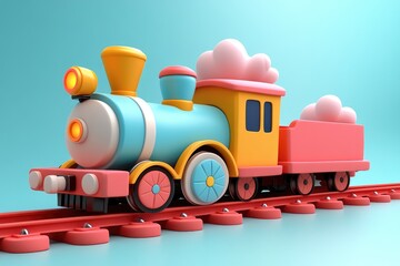 Colorful cartoon train on a track against a light blue background.