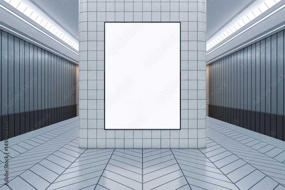 Poster Vertical rectangular mockup poster on tiled pillar in modern hallway with clean architectural design and sleek lighting interior background. 3D Rendering