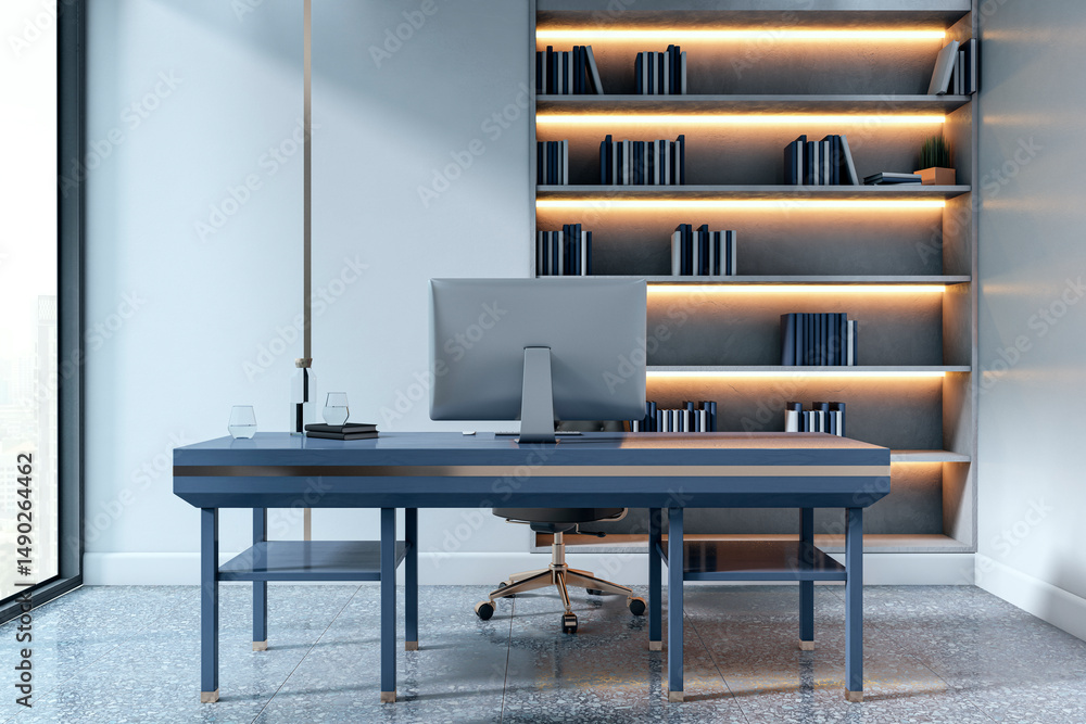 Aufkleber Modern office desk with computer and illuminated bookshelf in clean corporate interior design concept with ambient light and city view background. 3D Rendering