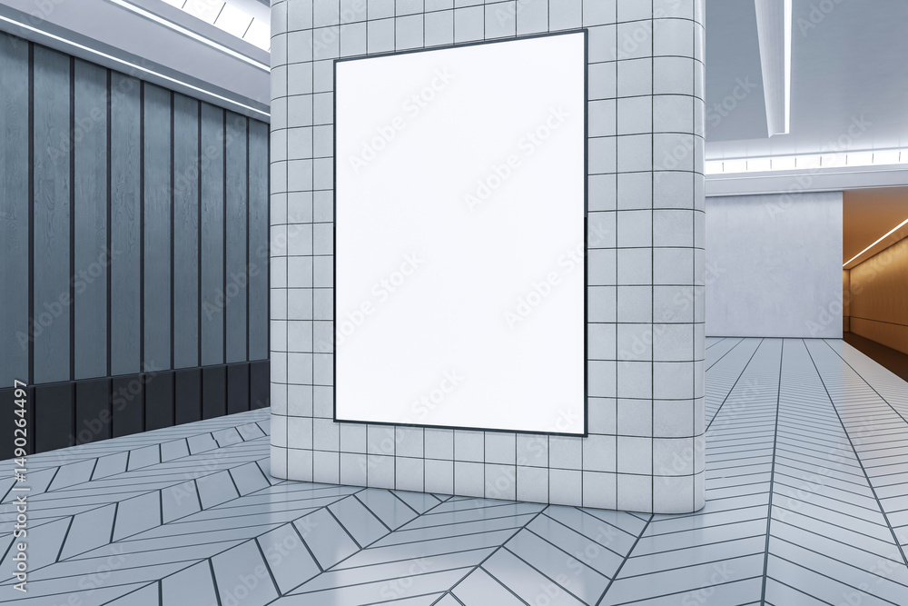 Poster vertical blank poster mockup on tiled column in modern indoor building interior with geometric floor