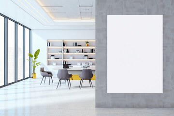 Fototapeta na wymiar Modern corporate meeting room interior with large vertical mockup canvas on concrete wall in bright office space with city view windows. 3D Rendering