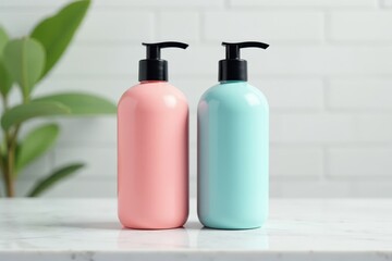 Shampoo bottles side by side on a white marble countertop , soap, bathroom