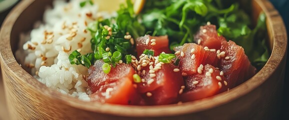 Tuna poke bowl in wooden bowl