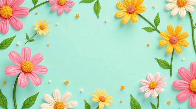 Floral Springtime Border Design with Pastel Flowers and Leaves on a Mint Green Background