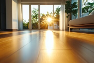 Fototapeta premium Captivating sunset view through glass doors modern living room interior photography warm atmosphere low angle serenity