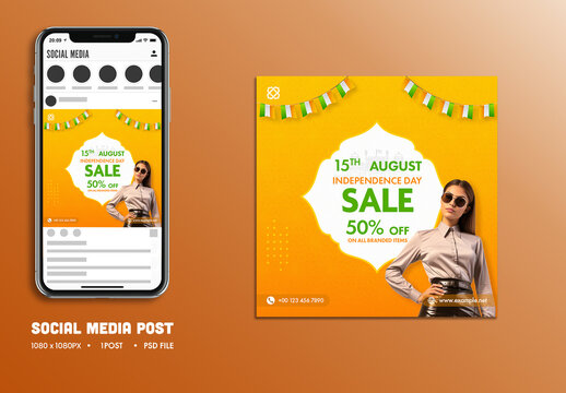 15th August, Independence Day Social Media Fashion Sale Post with Elegant Young Woman in Sunglasses and Formal Attire for Advertising Festival or Event, Editable Design.