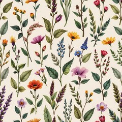 seamless pattern with hand drawn botanical herbs and wildflowers