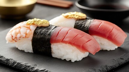 Two pieces of golden sushi on slate plate