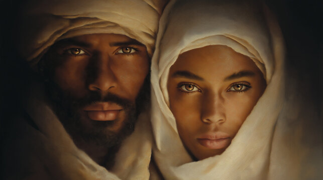 Portrait of Sudanese couple in white robes and headwraps