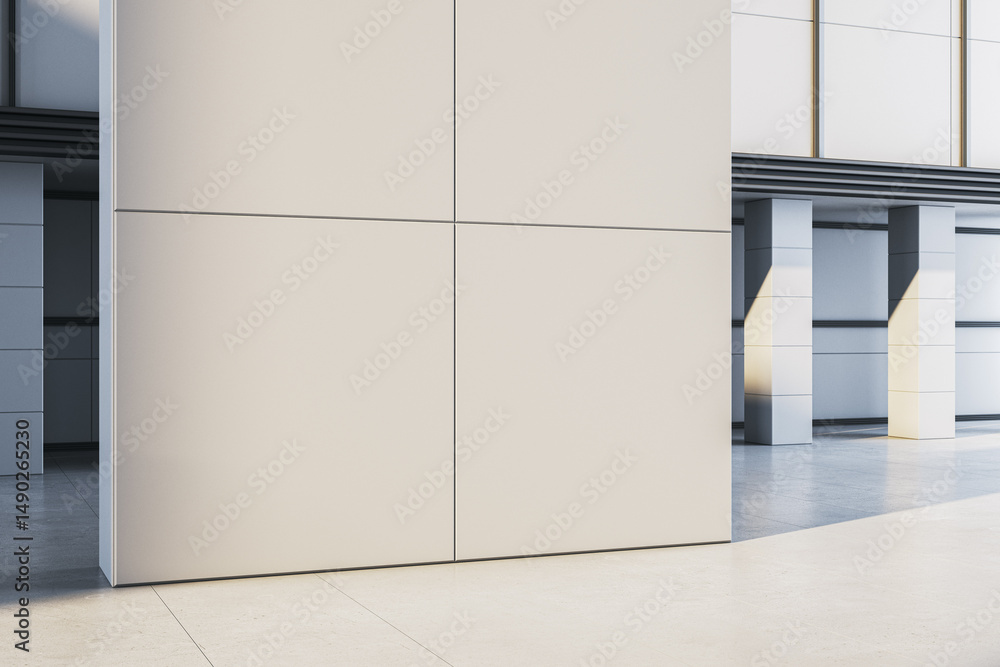 Aufkleber Blank modern wall mockup in minimal architectural environment with clean panels and soft natural lighting for branding or design template use. 3D Rendering