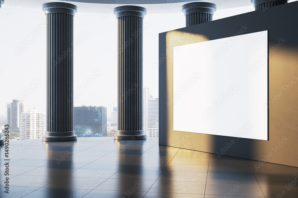 Aufkleber Blank white mockup board in classical interior with city view through tall columns and warm sunlight casting shadows on reflective floor tiles. 3D Rendering