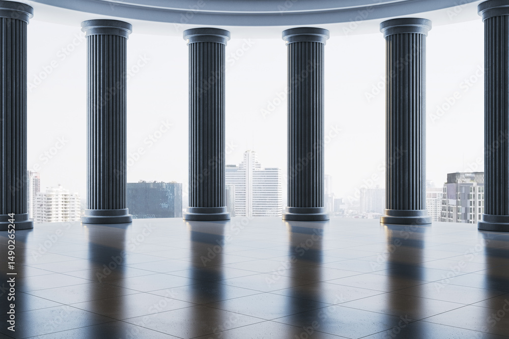 Poster Classical architectural columns with city skyline in background and natural light casting shadows on tiled floor. Modern elegance concept. 3D Rendering