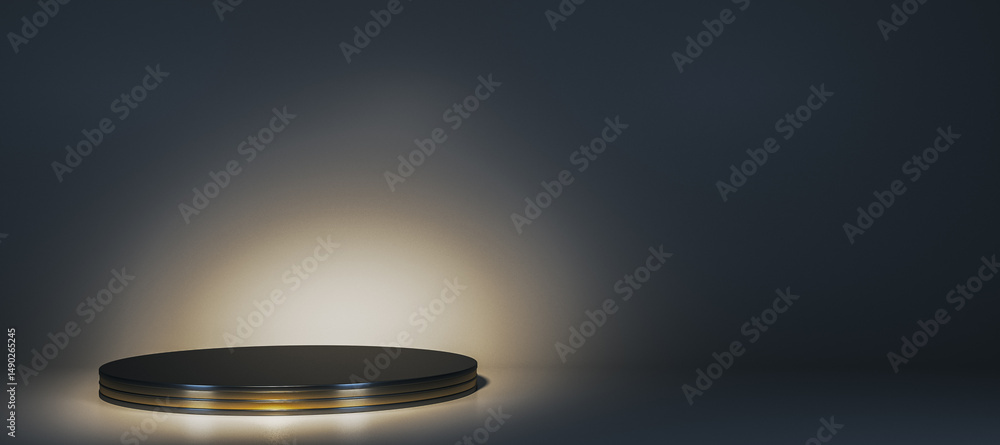 Aufkleber Elegant black and gold round display pedestal mockup with spotlight on dark background for branding, product showcase or design template concept. 3D Rendering